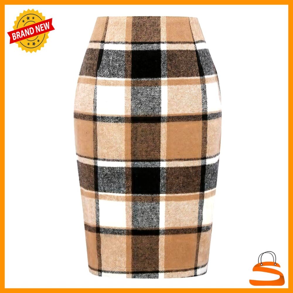 Wool Plaid Pencil Skirt Knee Length High Waist Slit Business Casual Office